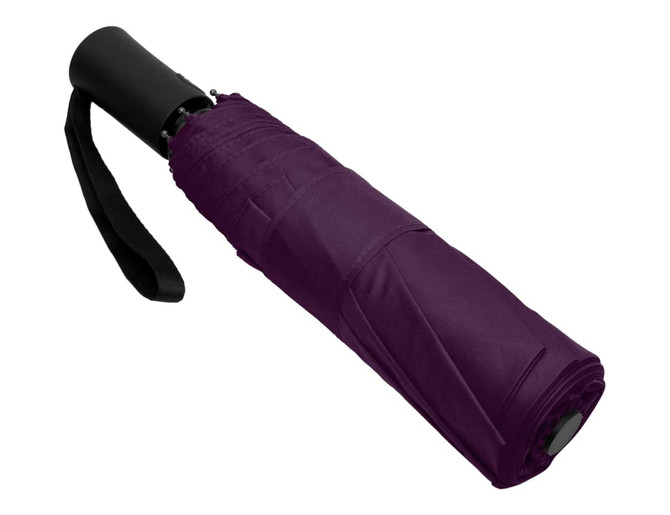 A purple fold-up umbrella with a black handle and a strap. It features a compact design for easy storage.