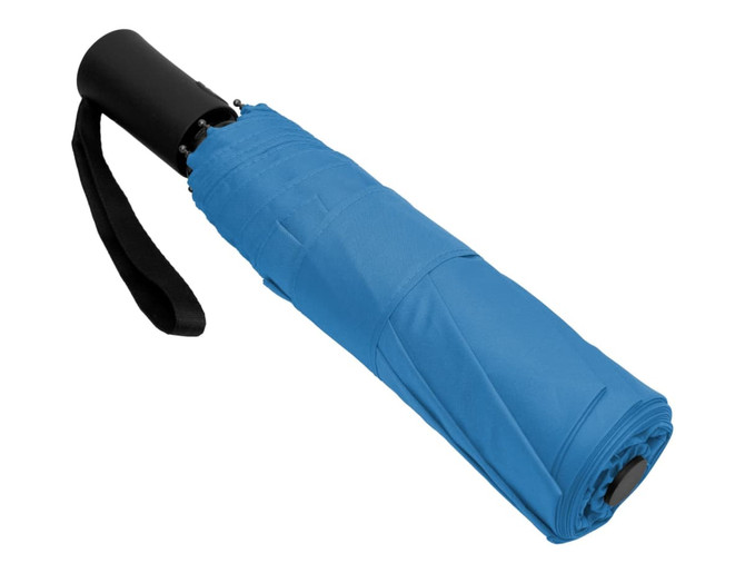 A blue fold-up umbrella with a black handle and strap, compactly rolled and secured.