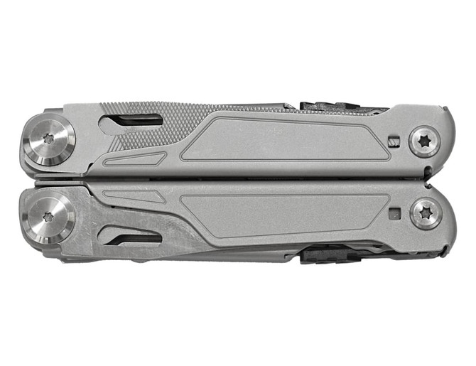 A multi-tool with a sleek grey finish, featuring various tools and a textured grip. It includes a logo on the side.