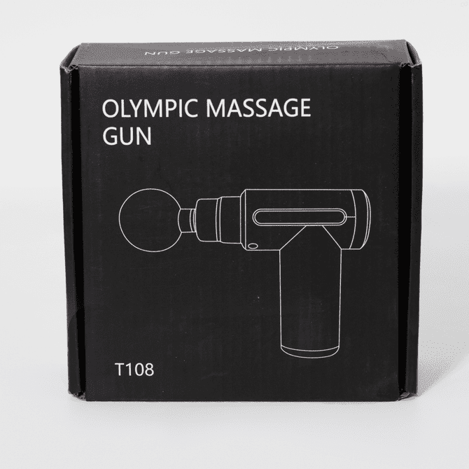 A black box containing the Olympic Massage Gun illustration, featuring a logo and a simple design.