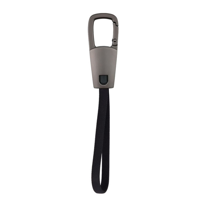 A grey carabiner-style clip with a black strap, designed as a charging cable accessory.