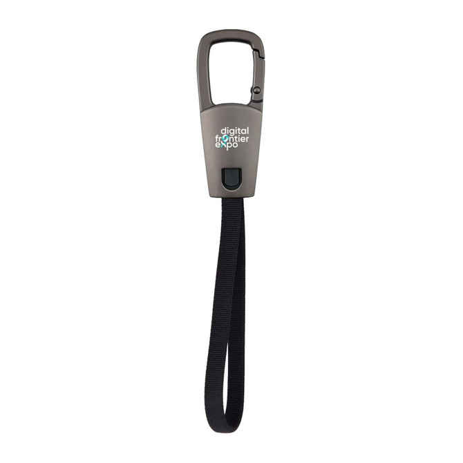 A grey carabiner cable with a black strap, featuring a logo on the front.