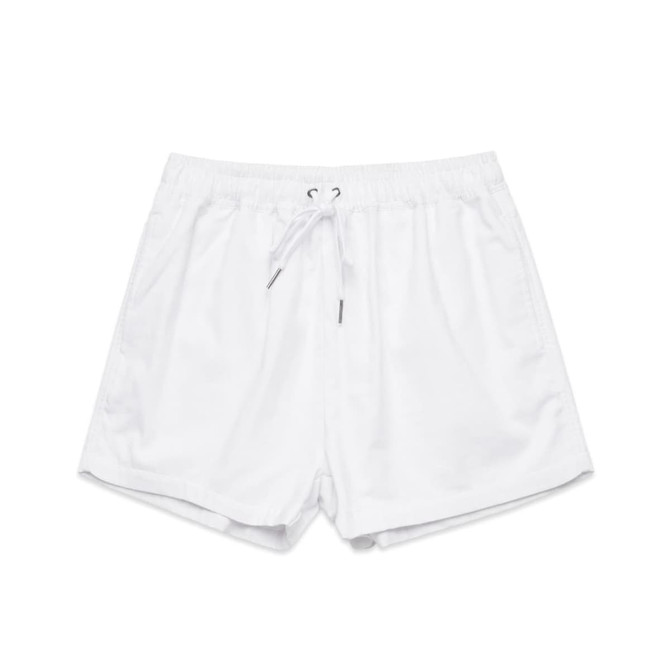 White dress shorts featuring an elastic waistband and drawstring, with side pockets and a branding logo.