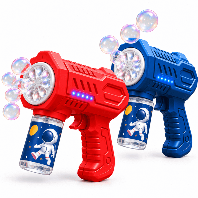 A red and blue bubble gun with bubble-producing lights and a bubble solution container featuring an astronaut design.