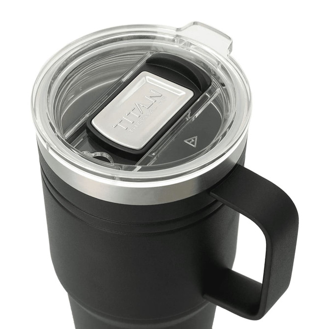 A drink bottle in black with a clear lid and a stainless-steel rim, featuring a handle and a logo.