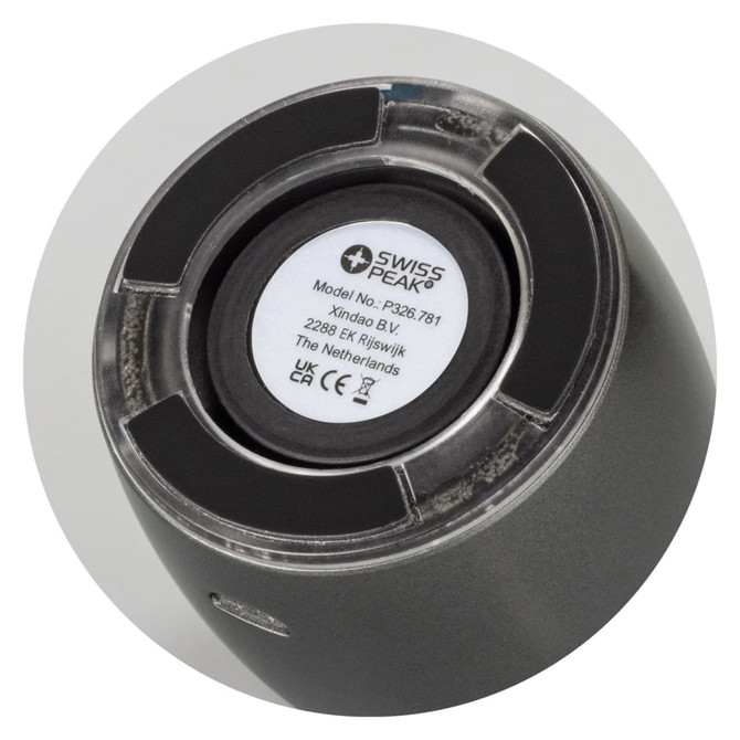 A black bass speaker featuring a round base with a logo and model information on the underside.