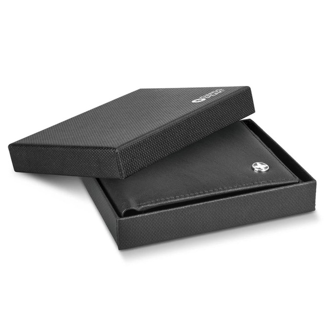 A black wallet in an open box with a logo, featuring a sleek design and textured exterior.