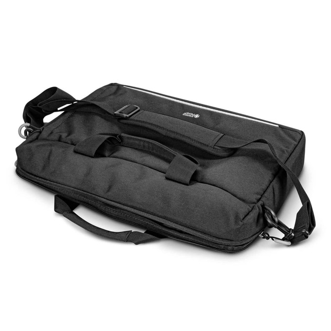 A black laptop bag featuring dual handles, a shoulder strap, and a branding logo.