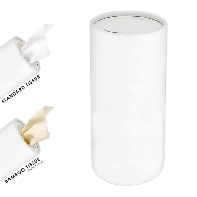 A white cylindrical container holds dry tissues, featuring standard and bamboo options. The container has a sleek design and a logo.
