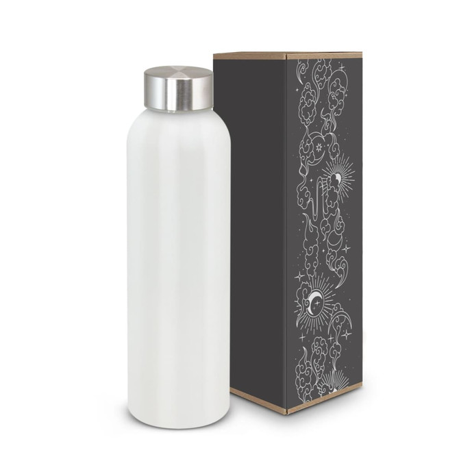 A drink bottle in white aluminium with a silver lid, presented alongside a decorative box featuring a design.
