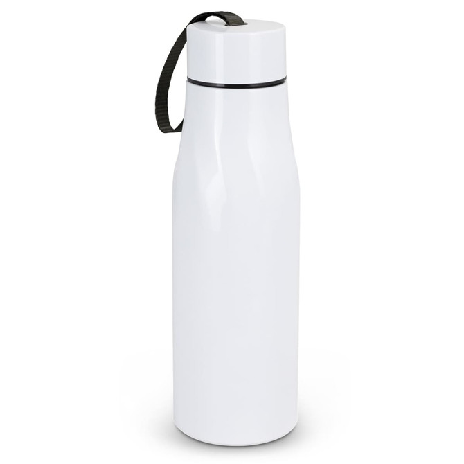 A drink bottle in white with a black strap and a sleek, cylindrical design, featuring a logo.