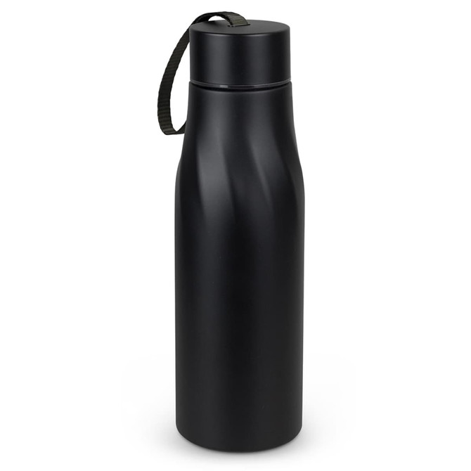 A drink bottle in matte black with a twist top and a carry strap, featuring a simple design.