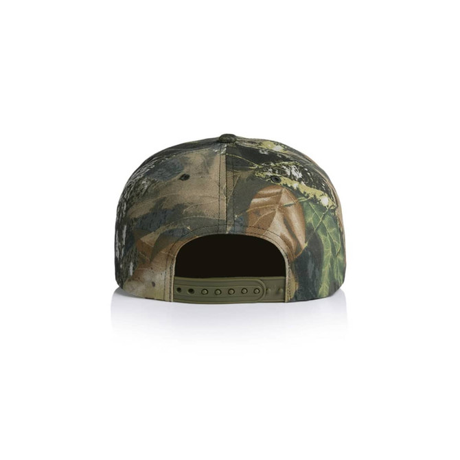 A camo cap in shades of green and brown, featuring a branded logo on the back and an adjustable strap.