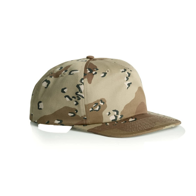 A camo cap in shades of beige and brown featuring a flat brim and an adjustable back. It has a logo on the side.