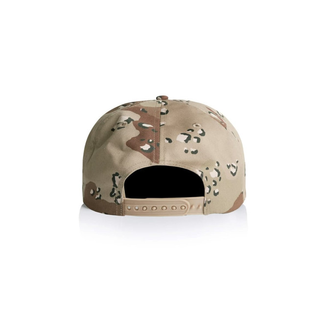 A cotton cap in a camouflage pattern with shades of beige and brown, featuring a logo on the back.