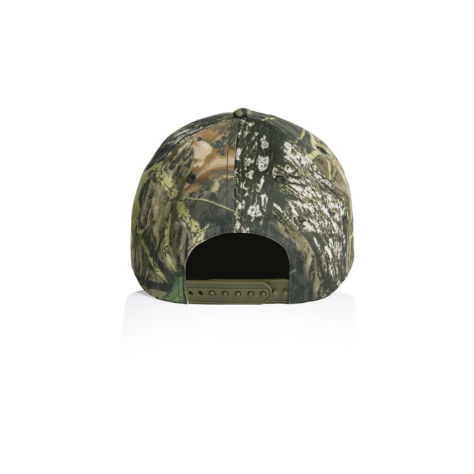 A camo cap featuring a soft fabric design in shades of green and brown, with a plastic adjustable strap at the back.