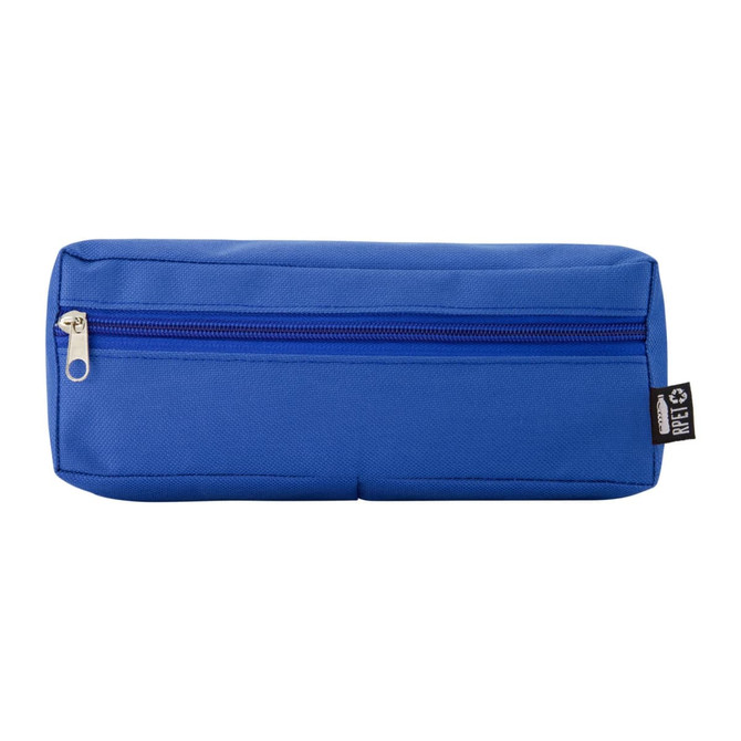 A blue utility case with a zippered closure and a tag, featuring a simple, rectangular design.