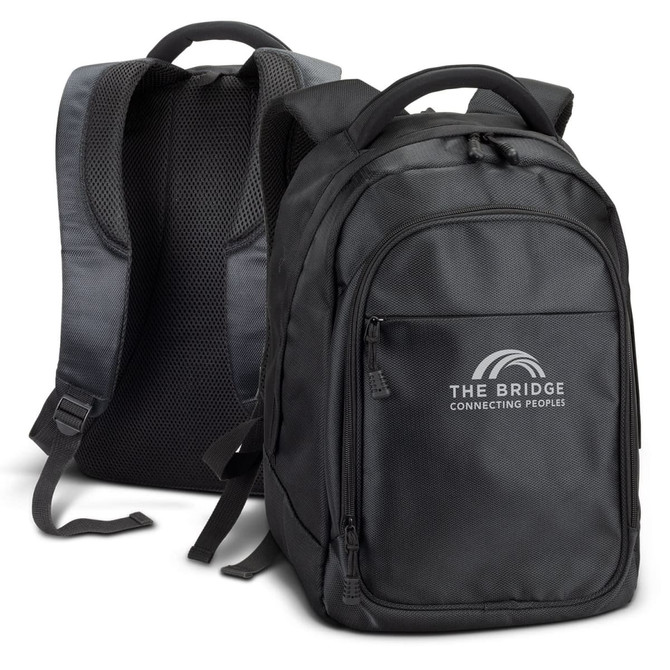 A black laptop backpack with padded back and adjustable straps, featuring a logo on the front.