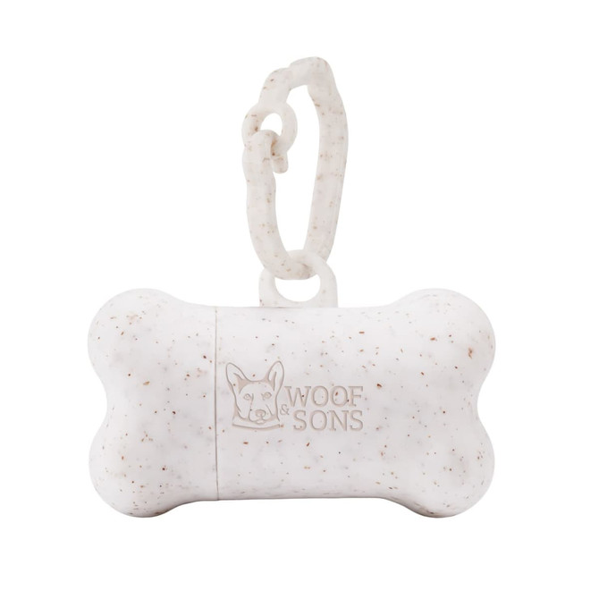 A white bone-shaped dog waste bag dispenser with a clip for attachment, featuring a logo.