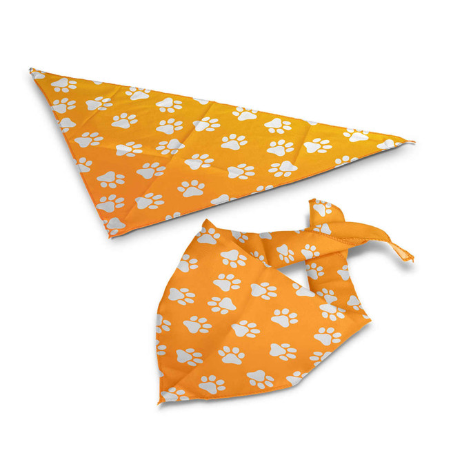 An orange pet bandana decorated with white paw prints, designed in a triangular shape. Features a logo.