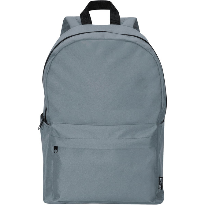 A grey laptop backpack with a front zip pocket and shoulder straps. It features branding on the front.
