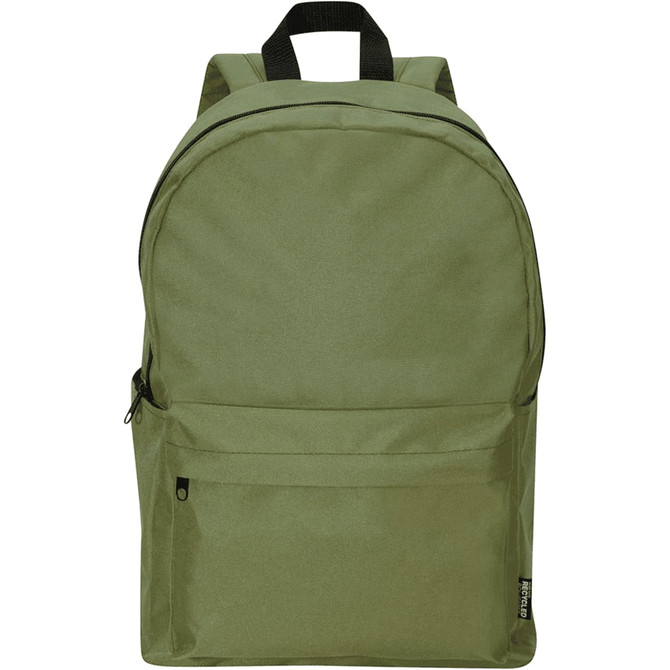 An olive green laptop backpack with a front pocket and a black strap, featuring a logo on the side.