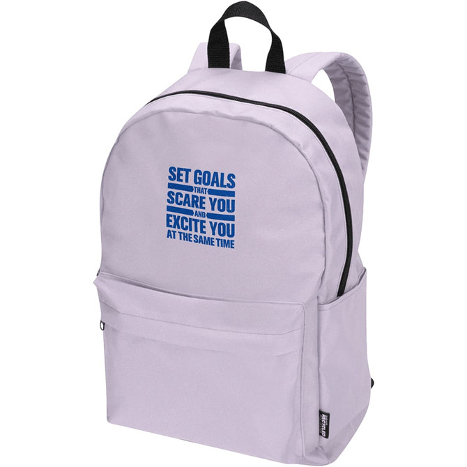 A lilac laptop backpack with adjustable straps and a front pocket, featuring a logo and text design.