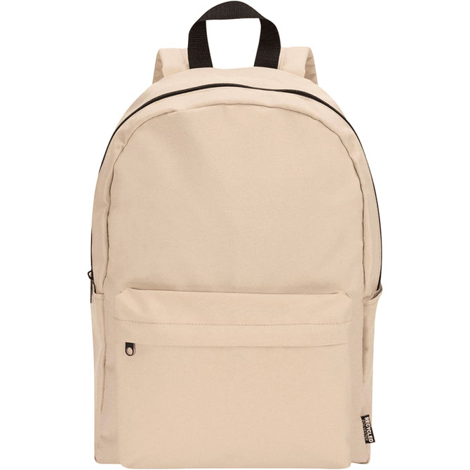 A beige laptop backpack with a front pocket, black zipper, and dual shoulder straps. It features a logo on the side.
