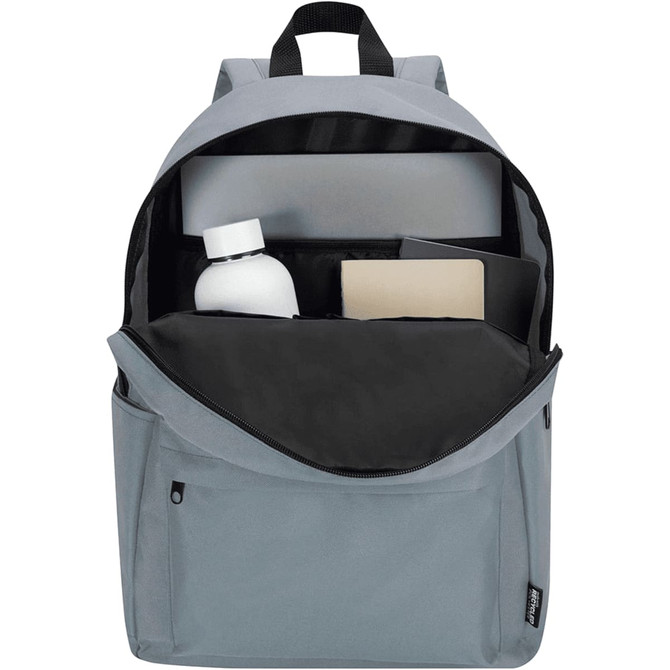 A grey laptop backpack with an open main compartment displaying a drink bottle, notebook, and space for a laptop.
