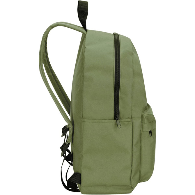A green laptop backpack with a sleek design, featuring zippered compartments and adjustable straps.