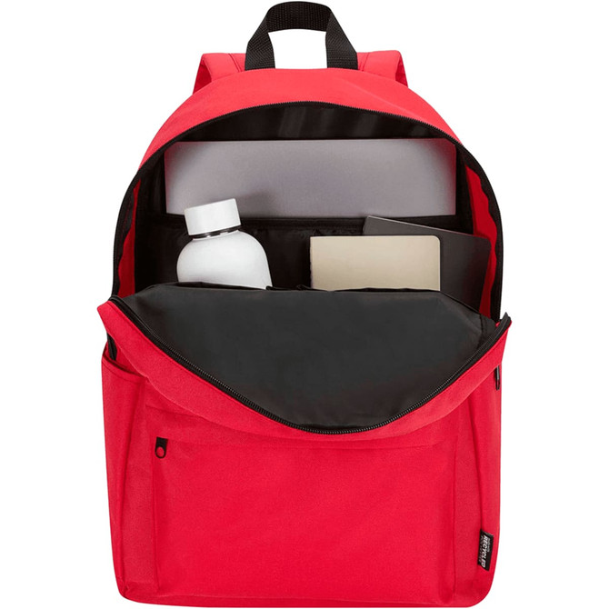 A red laptop backpack with a black interior, featuring a drink bottle, notebook, and a laptop compartment.