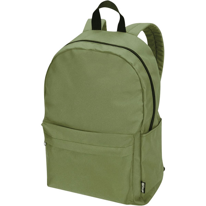 A green laptop backpack with a main compartment, front pocket, and black straps. It features a logo.