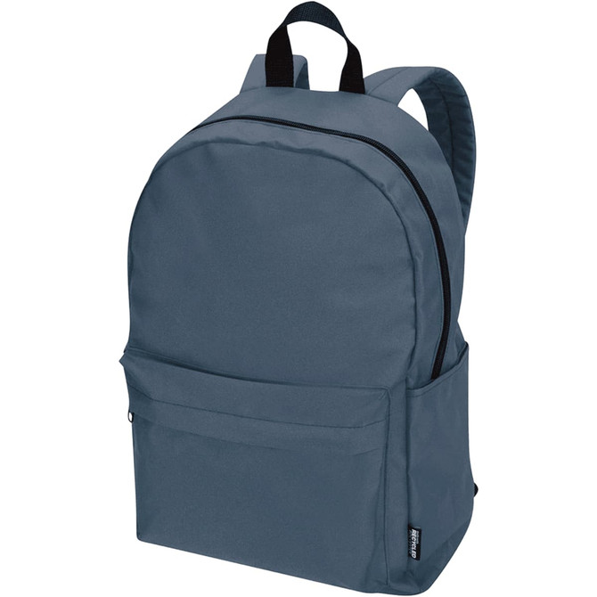 A grey laptop backpack with black straps and a front pocket, featuring a logo on the side.