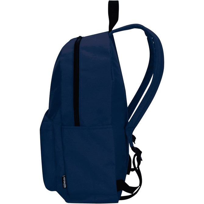 A navy blue laptop backpack with two side pockets and adjustable straps. It features a logo on the front.