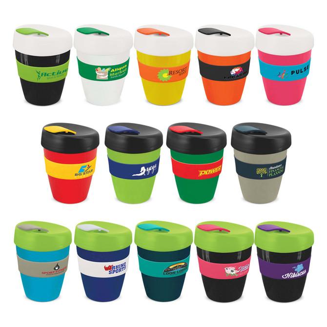 A range of colourful drink bottles in various designs, featuring multiple colour combinations and lids. Some have logos.