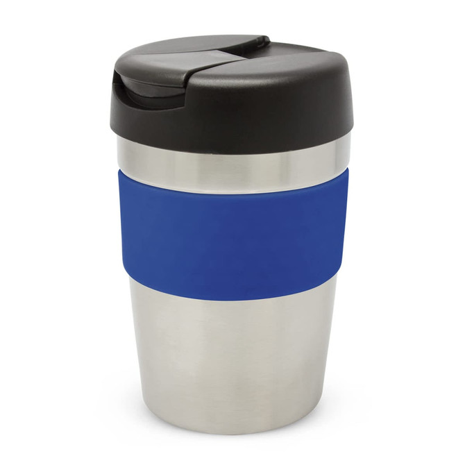 A drink bottle featuring a stainless steel body with a blue silicone grip and a black lid. The capacity is 340ml.