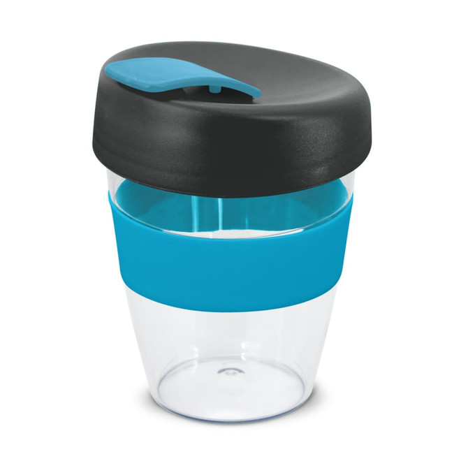 A drink bottle with a clear body, black lid, and a turquoise silicone band. It has a logo on the side.