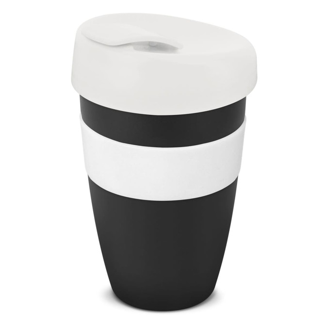 A drink bottle in black and white, featuring a sleek design and a lid with a logo. Capacity is 480ml.