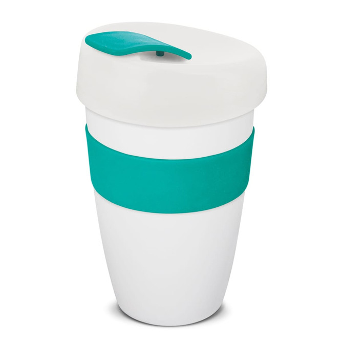 A drink bottle with a white body, turquoise band, and lid. Features a logo on the side. Holds 480ml.
