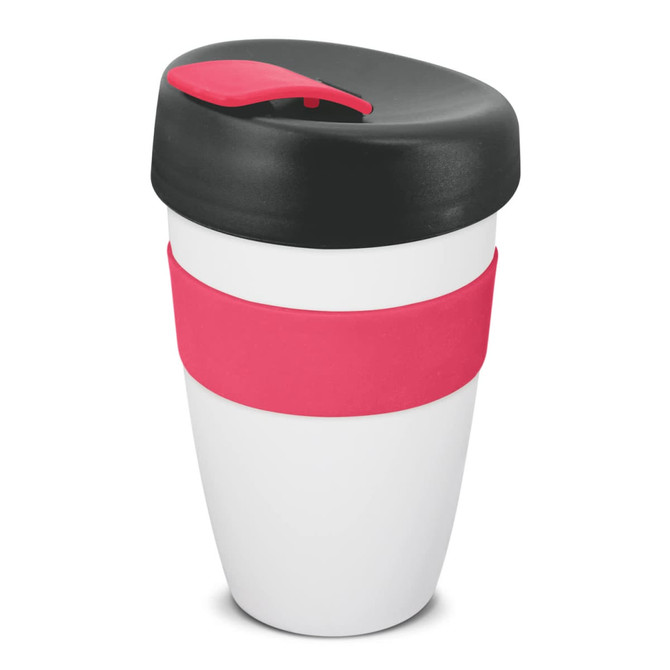 A drink bottle featuring a black lid, white body, and a pink silicone band. It has a logo on it.