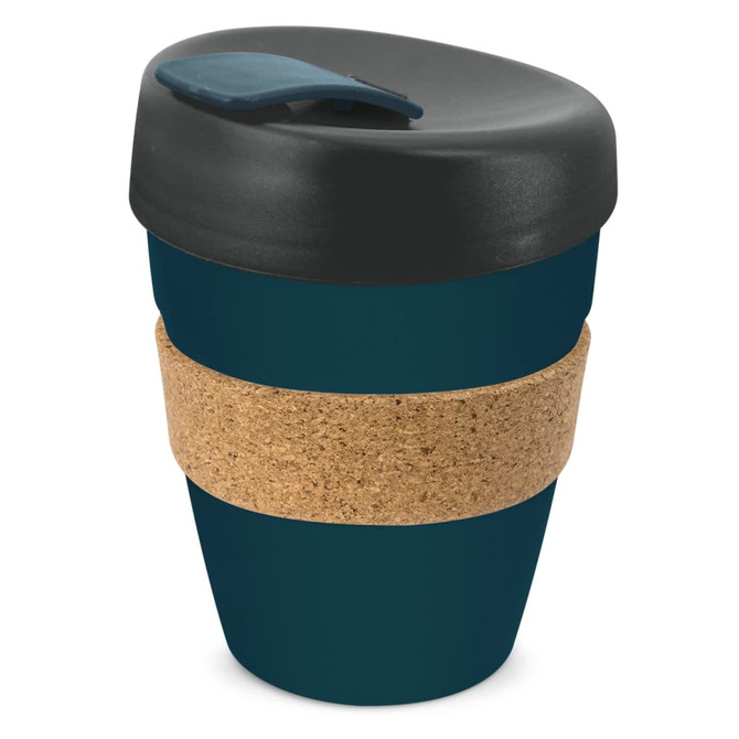 A drink bottle in dark teal with a cork band and a black lid, featuring a logo.