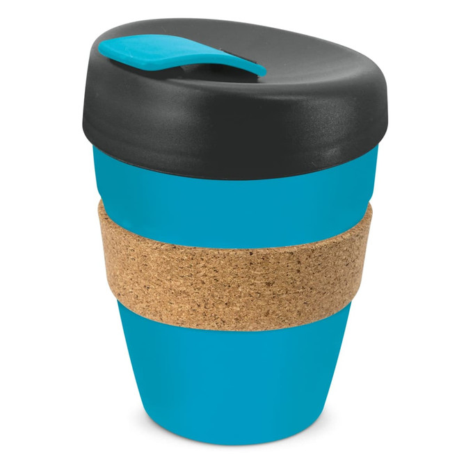 A drink bottle in turquoise with a black lid and cork band around the middle; features a logo.