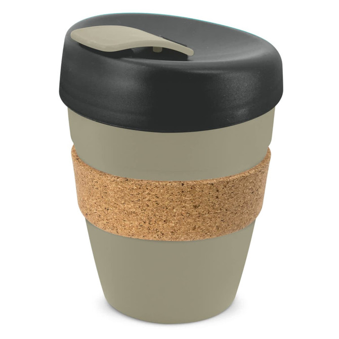 A drink bottle featuring a grey body and black lid, complemented by a cork band for grip, with a logo.
