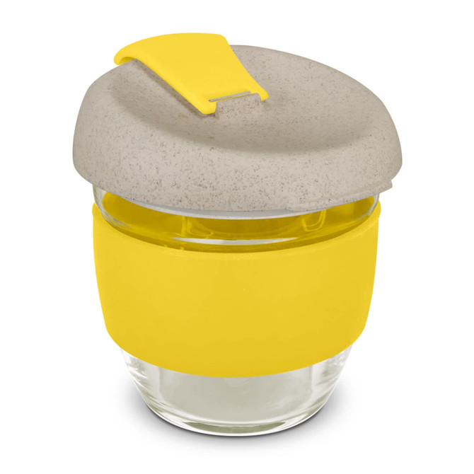 A drink bottle with a glass body, grey lid, and yellow silicone sleeve, featuring a logo on the side.