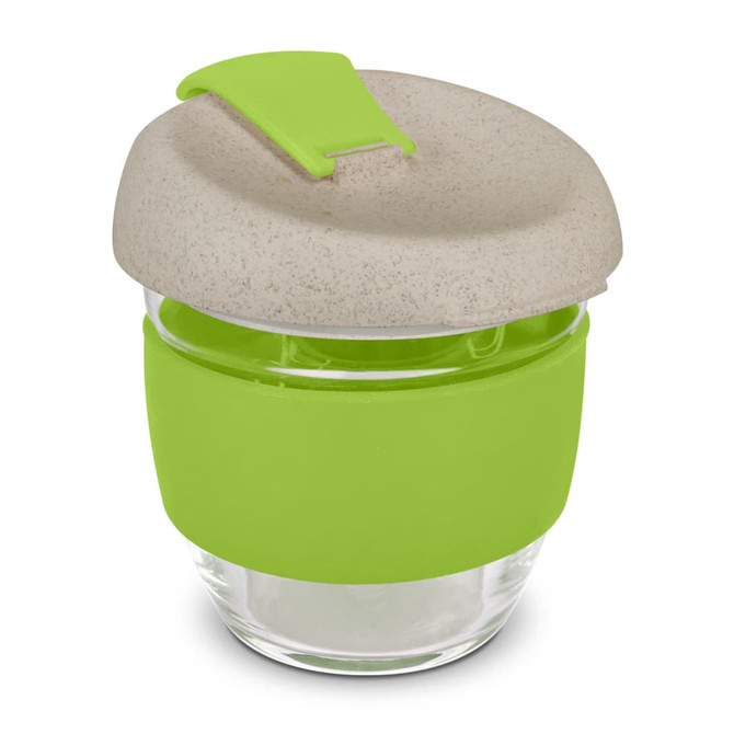 A drink bottle featuring a transparent glass body with a green silicone sleeve and a beige lid.