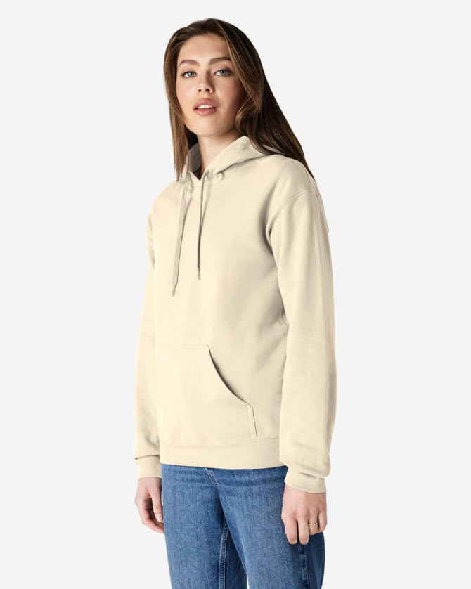 A beige hooded sweatshirt with a front pocket and a drawstring hood, featuring a logo on the chest.