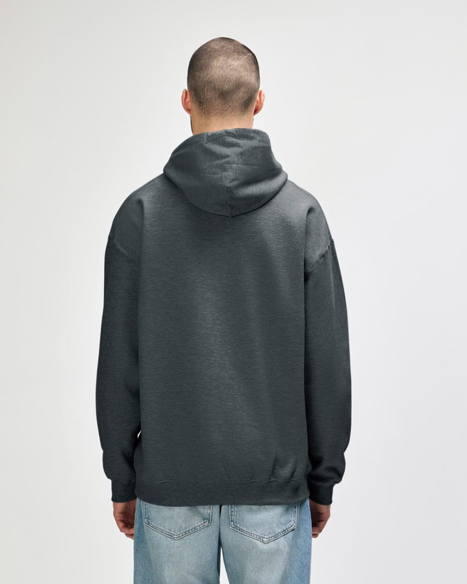 A grey Gildan Softstyle adult hooded sweatshirt displayed on a person from the back, featuring a hood and relaxed fit.