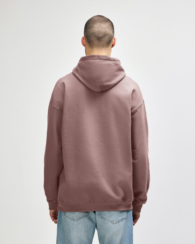 A hooded sweatshirt in a dusty pink colour, featuring a standard back design and a logo.