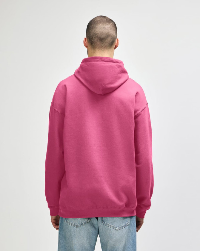 A pink adult hooded sweatshirt with a back view, featuring a hood and long sleeves. The fabric appears soft and casual.