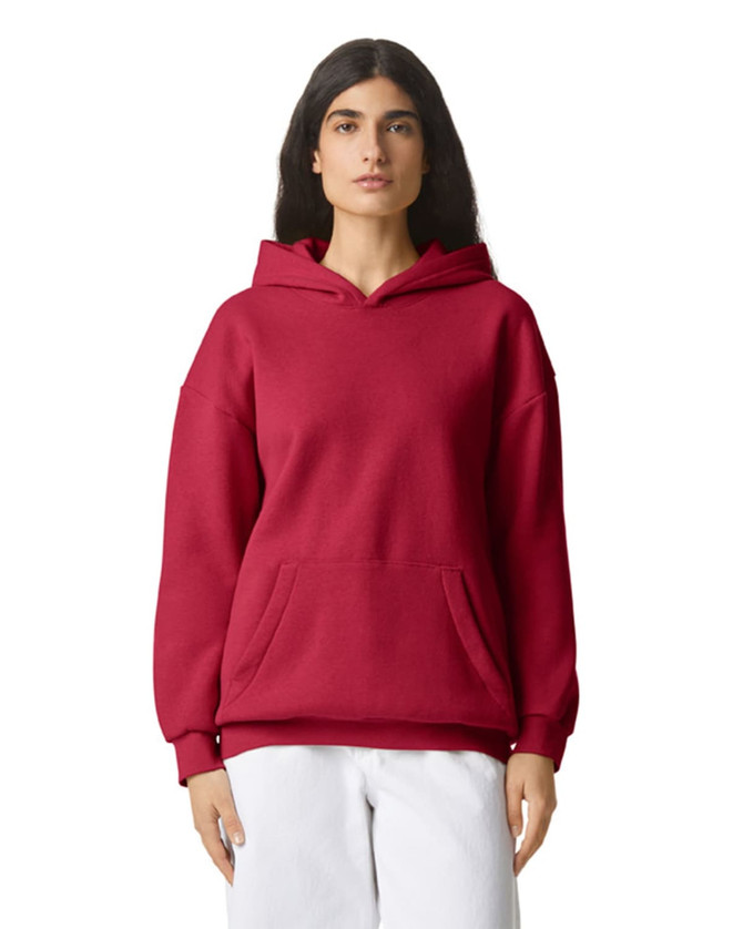 A unisex hooded sweatshirt in a deep red colour with a front pocket and a relaxed fit. It features a logo.